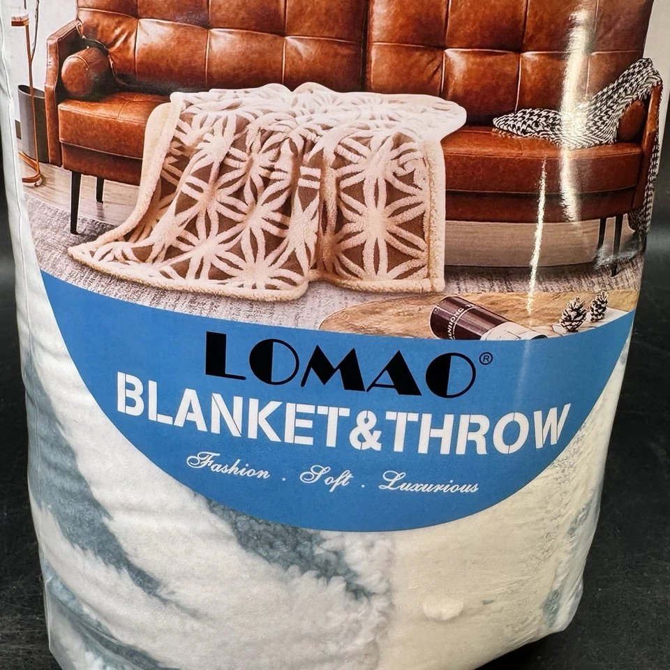 LOMAO Sherpa Fleece Blanket Dual Sided Light Blue & White 51”x 63” Soft Fluffy - Image 2 of 4