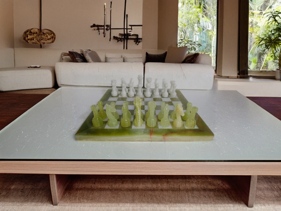 Juego de ajedrez de mármol ónix verde y blanco hecho a mano 30x30 cm - Juego de piedra natural de lujo Foto 2 de 4