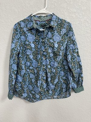 Talbots Green and Blue Floral Button-Up Blouse Large Petite
