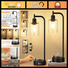 Set of 2 Industrial Dimmable Table Lamps with USB Ports  Glass Shade - Black Ni