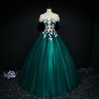 Green Ball Gown Women Evening Dresses Scoop Appliques Prom Birthday Party Gowns