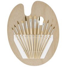 12pc Artist Paint Brush Set with 9" x 12" Wood Art Painting Palette, Round, Flat