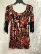 Voom By Joy Han Women’s Floral Red Velvet Lace Sleeves Tunic Blouse XS Made USA