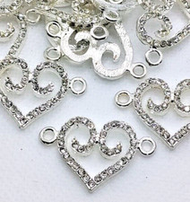 12 pieces - Silver Tone Crystal Rhinestone HEART Charms Connector Pendants