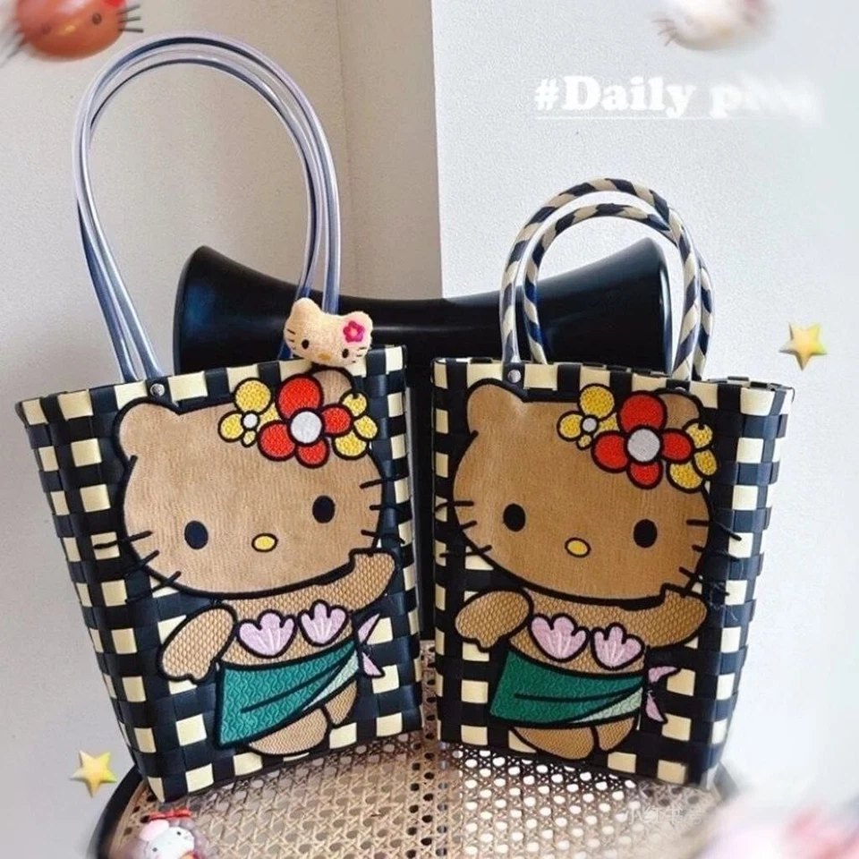 Lindo Bolso de Hombro Bordado Negro Hello Kitty Bolso Tejido Playa Vacaciones Foto 3 de 3