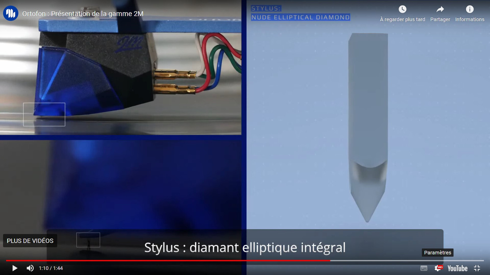 Pointe de lecture elliptique Ortofon 2M Blue avec diamant nu