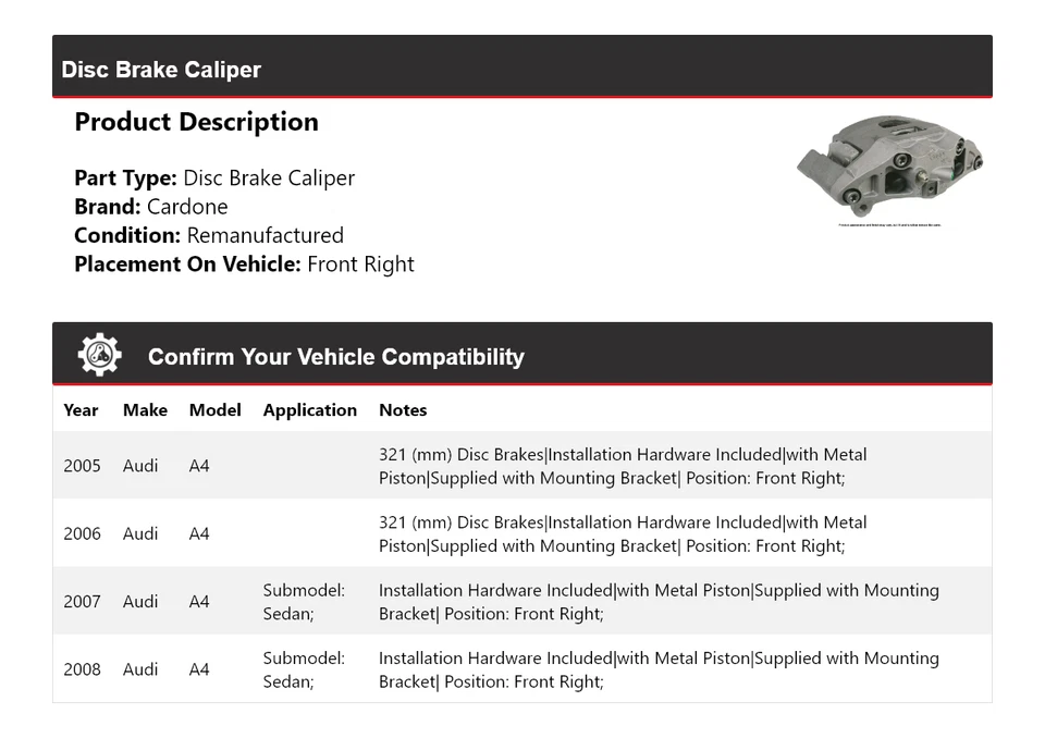 Pinza de freno de disco delantera derecha cardone 2006 2007 para Audi A4 2005-2008 Foto 2 de 4