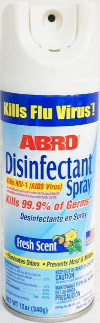 1 x ABRO Disinfectant Spray Kills 99.9% of Germs Flu Virus Removes Odours Mold
