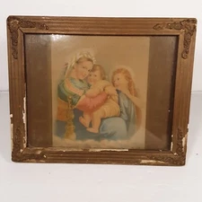 Vintage Mary & Baby Jesus Gilded Wood Framed Print Under Glass Mother & Child