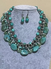 Multi turquoise stone and lucite bead Silver tone link Necklace Earring Set
