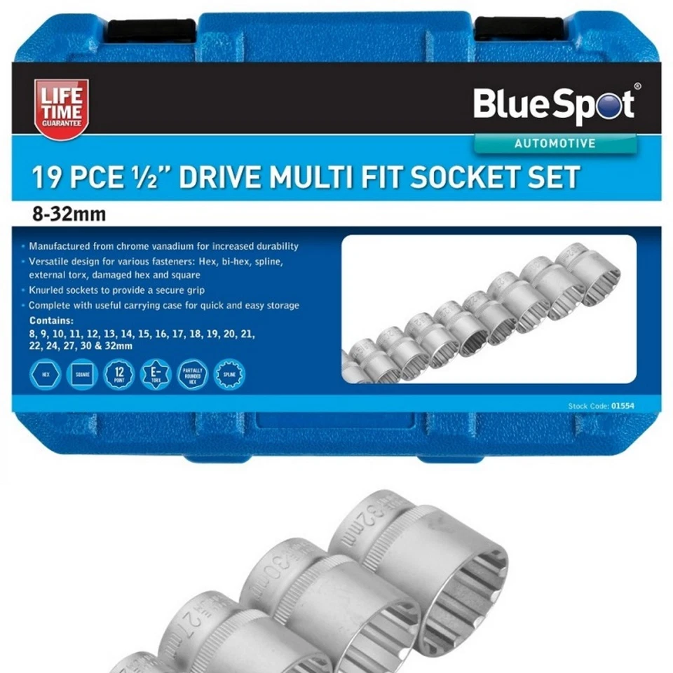 19 PIECE 1/2" SQUARE DRIVE MULTI FIT SOCKET SET 8mm TO 32mm BLUESPOT 01554 - Image 2 of 4