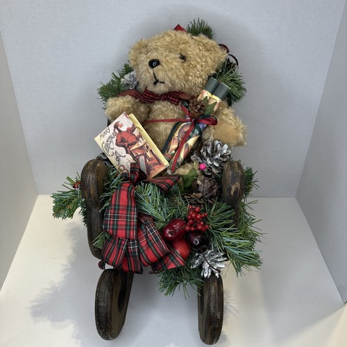 Holiday Christmas Teddy Bear in Wooden Sleigh with Pine Cones Wrapping Paper - Picture 7 of 10
