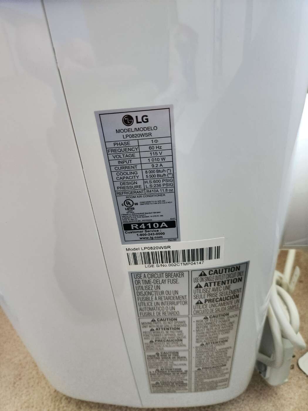 used LG 8000 BTU/H Portable Air Conditioner - White (LP0820WSR)
