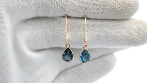 London Blue Topaz 8x6mm Pear Gemstone Earrings 14k Gold Diamond Dangle Earrings - Video 1 of 1