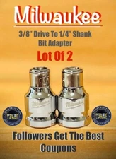 Lot of 2 MILWAUKEE 3/8" Drive Chrome 1/4" Hex Shank Screwdriver Bit Adapter