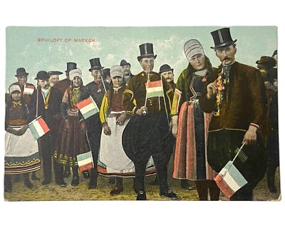 Vtg Antique Netherlands Postcard Wedding of Marken Holland Dutch Flags Pipes