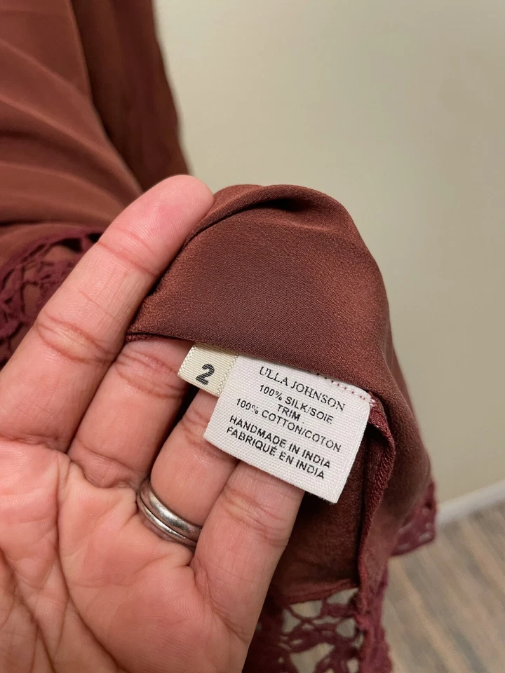 Vestido para mujer Ulla Johnson talla 2 borgoña seda satinado floral crochet ribete hada Foto 4 de 4