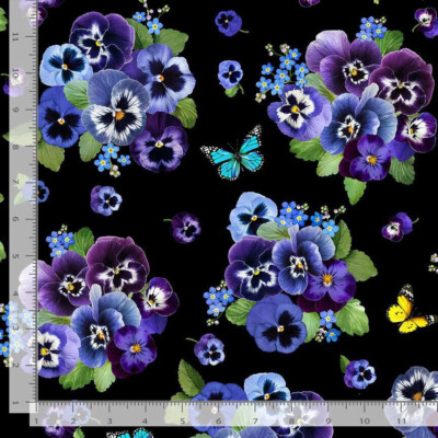 Pansy Flower Bouquets Fabric Black Cotton Timeless Treasures CD1892 By ...