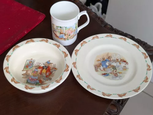 Royal Doulton Bunnykins Lot Of 3 Bowl, Plate, and Cup Painting Bathing England