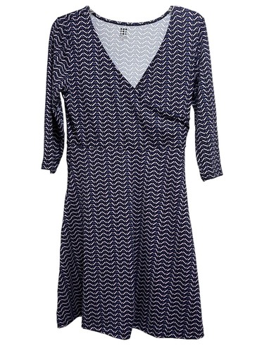 Title Nine Wrappers Delight Pallay Navy Print 3/4 Slv Dress Zip Pockets S-NWOT - Picture 2 of 10