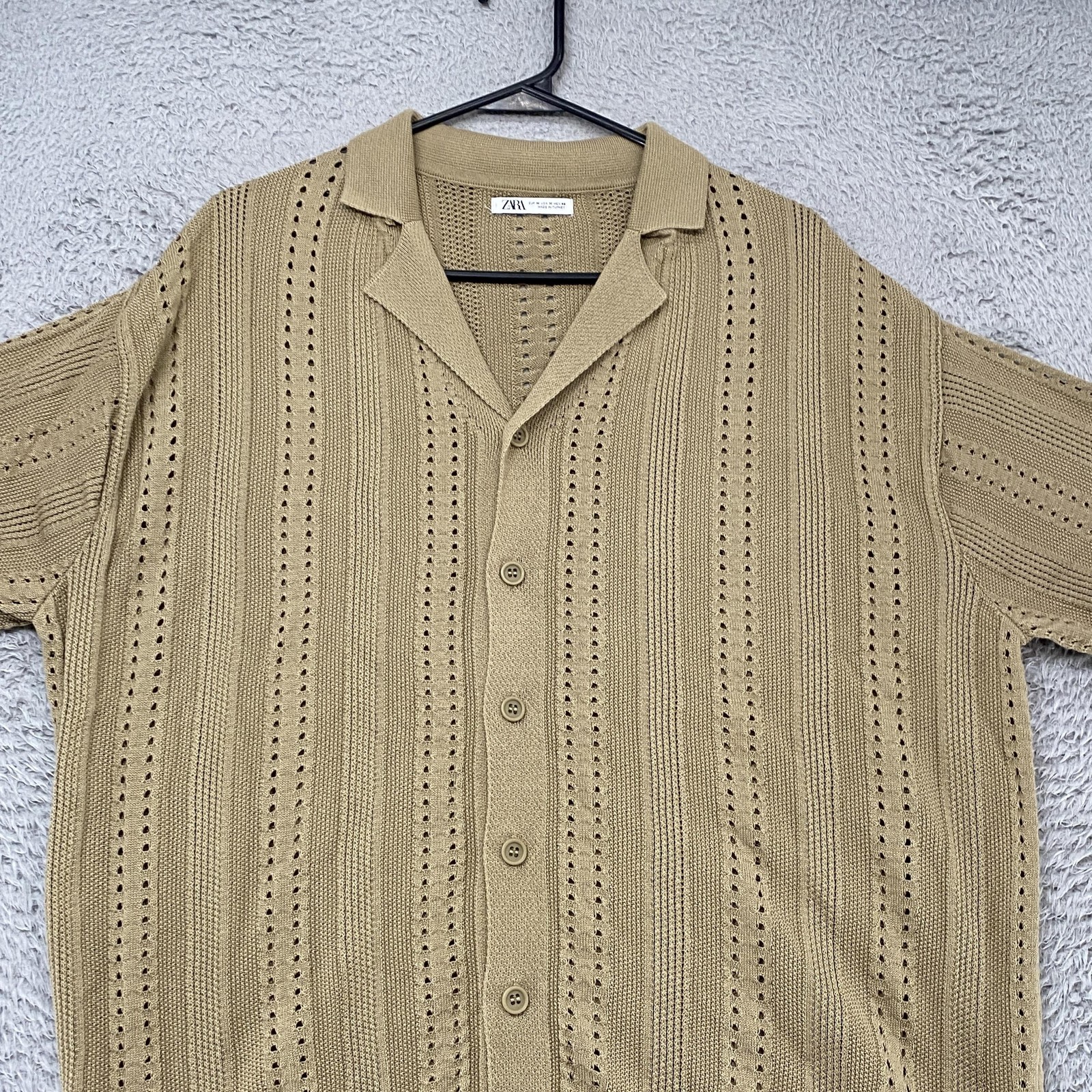 Zara Knit Button Up Shirt Mens Medium Tan Open Knit Short Sleeve Resort Sweater image 3