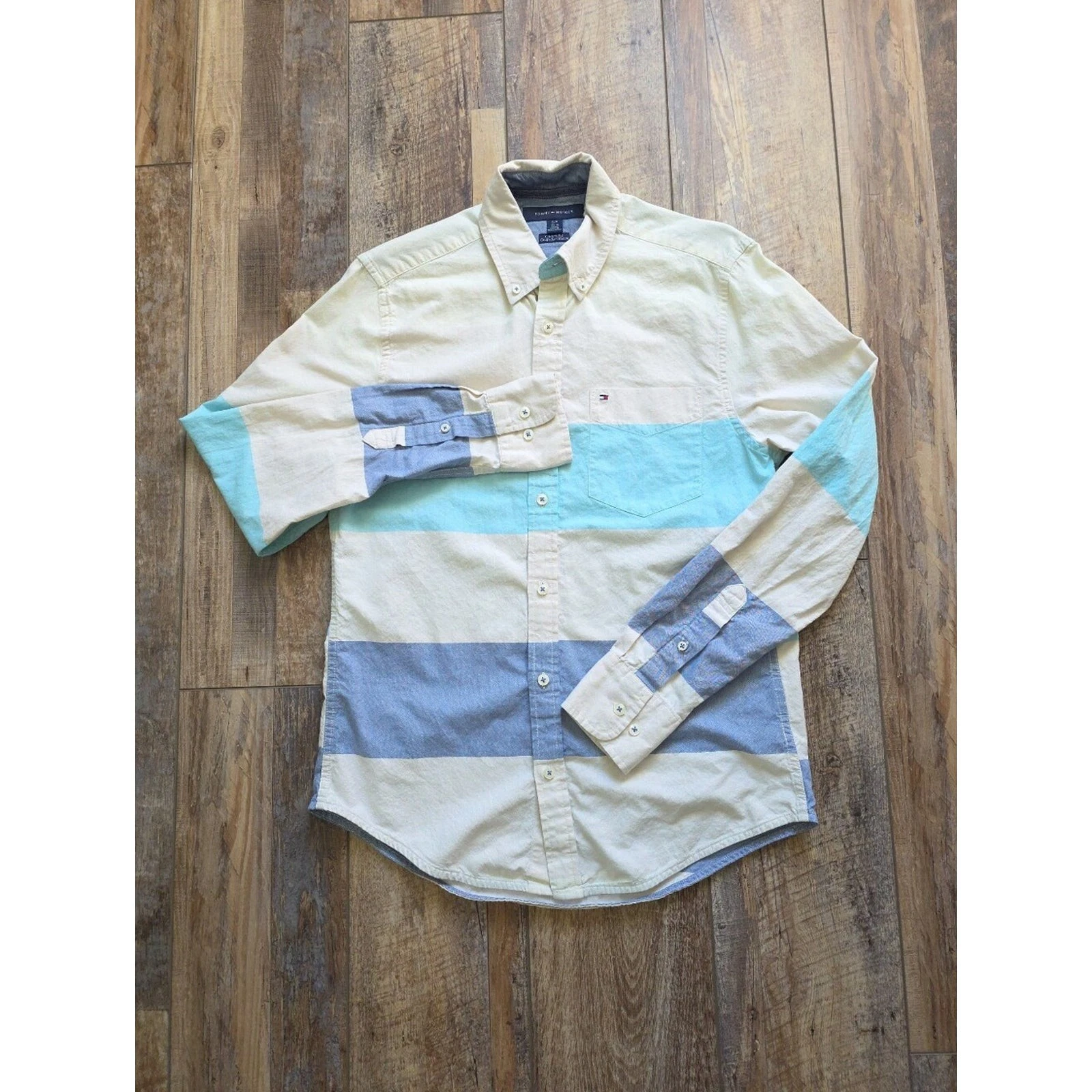 Tommy Hilfiger - Striped Colorblock Oxford Shirt - S - Cream Aqua Blue - product detail image 1