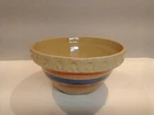 McCoy Yellow Ware Bowl Pink Blue Stripe Pie Crust Rim 7.5-inch Rim Square Bottom