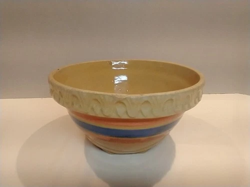 McCoy Yellow Ware Bowl Pink Blue Stripe Pie Crust Rim 7.5-inch Rim Square Bottom