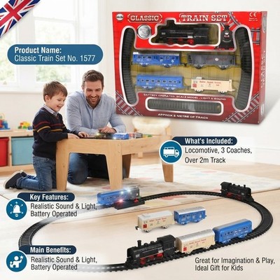 Klassisches batteriebetriebenes Zugset mit Licht & Sound - 4 Wagen, Spur 2,7m