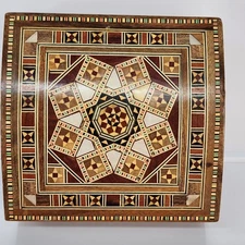 Vtg Persian Wood Jewelry Box Mosaic Inlay Mother of Pearl Hinged Trinket Chest