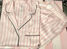 NEW Victoria's Secret Satin Pajama Set Iconic Pink Stripe Long Flyaway Tunic S