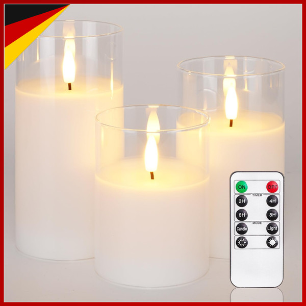 Flammenlose Kerzen Led Stumpenkerzen Weiß Echtes Wachs 3Er-Set Mit Fernbedienung-image