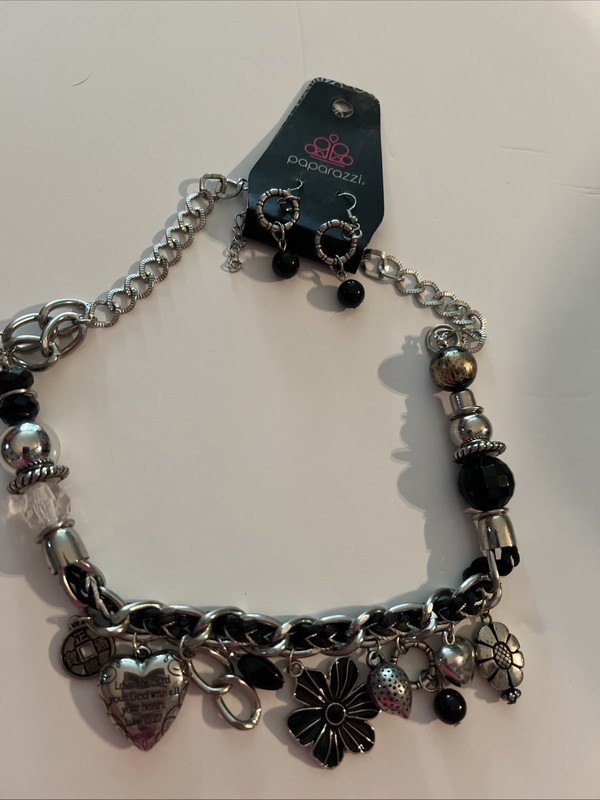 Paparazzi Silver and Black Charm Necklace/Matching Earrings 