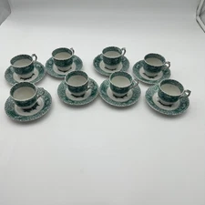 Spode Camila Copeland England Demitasse Cups & Saucers – Green Floral – Set of 8