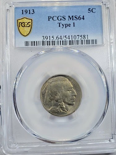1913 Buffalo Nickel PCGS MS64 Type 1 True View Gold Shield