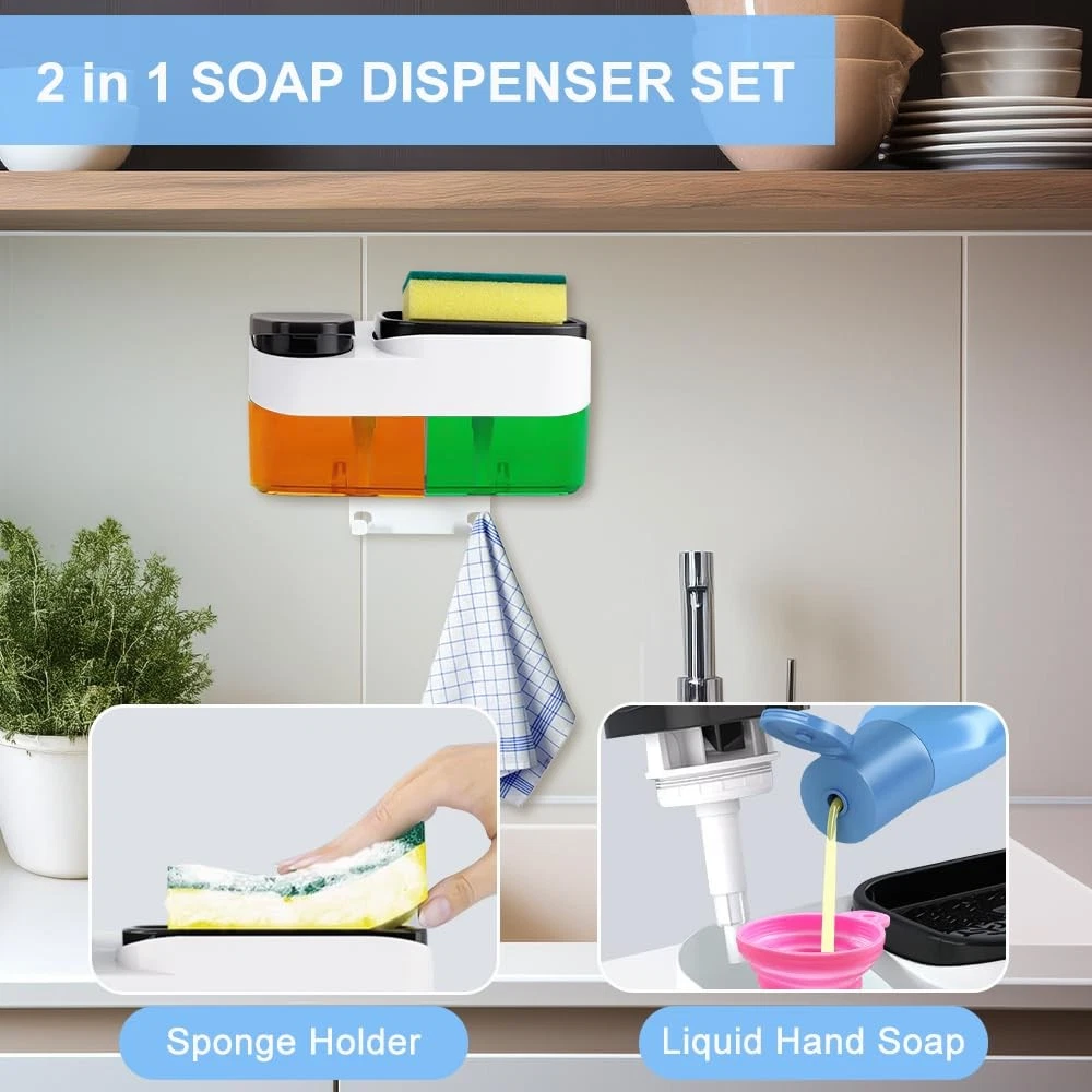 2-in-1 Dish Soap Dispenser with Sponge Holder for Kitchen Sink – Black