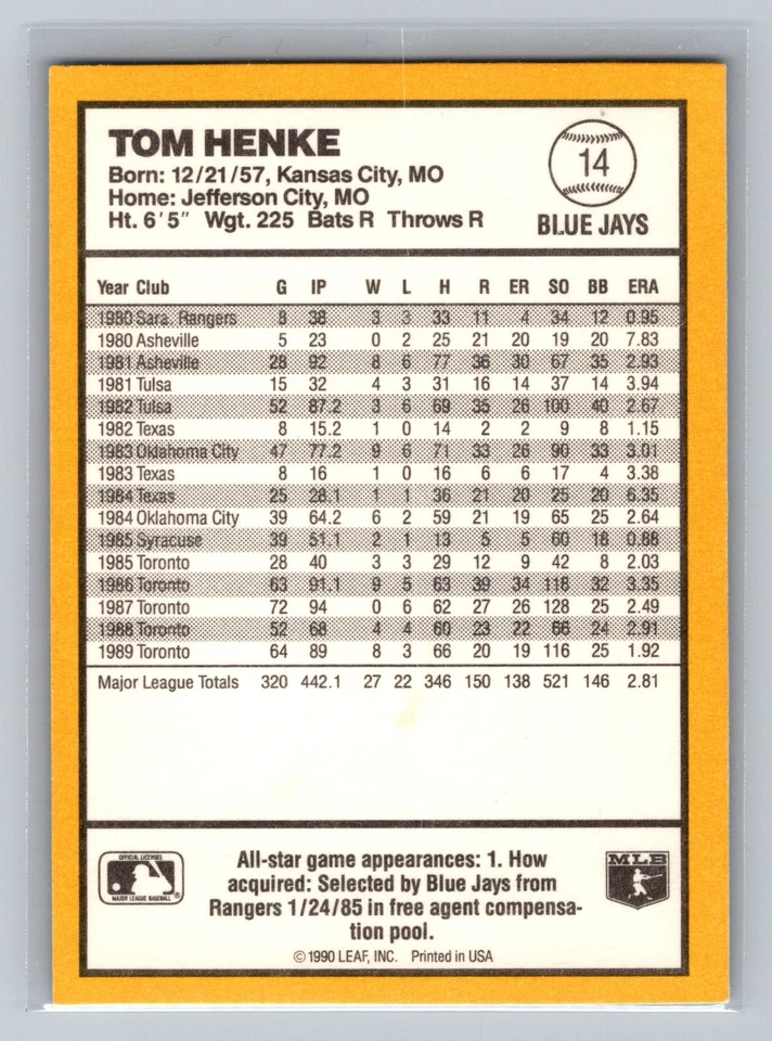 1990 Donruss Best of the American League #14 Tom Henke - Image 2 of 2