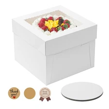 3 Pack Cake Boxes, 10x10x8 Inches Tall Cake Box with Cake Boards, White Baker...
