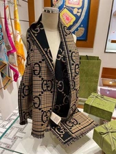 SCARF GUCCI 100% CASHMERE WOOL AUTHENTIC BROWN BLACK CLASSIC LOGO DOUBLE SIDES