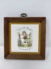 Vtg. 1973 Holly Hobbie Wood Frame Tile Picture  Springtime  Girl on gate 6  x 6  