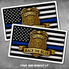Thin Blue Line Flag Police Badge Stickers 2-Pack Back The Blue Decal 5x3 US Made