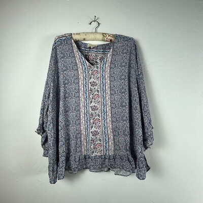 Cynthia Rowley Women's Paisley Pullover V-Neck Ruffles Hem Blouse Blue 2X NEW