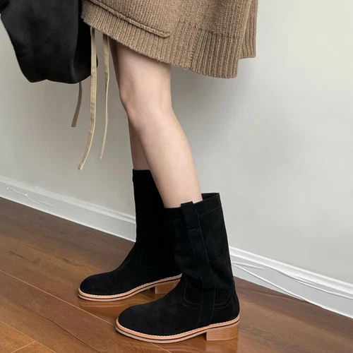 Halbhohe Damen-Westernstiefel Veloursleder rund geschnitten zum Überziehen niedriger Absatz Größe - Bild 6 von 10