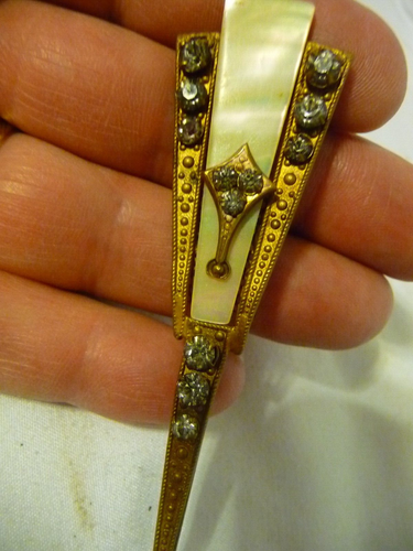 Antike Hutnadel Art Deco MOP, Strass & Messing schön verziert 3 3/4" lang - Bild 5 von 5
