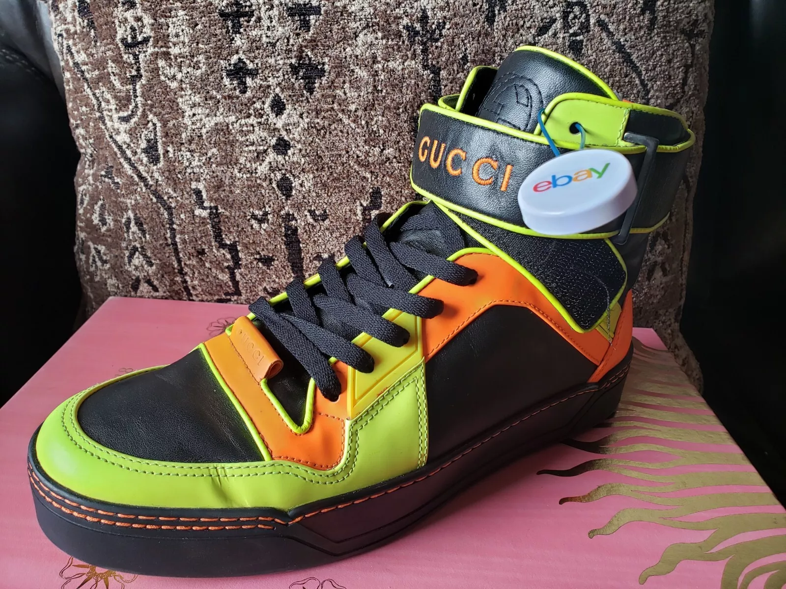 RARE baskets hautes Gucci NEON pour hommes noir orange vert clair 8,5 Royaume Uni 9,5 US