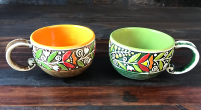 Manna Ceramics Textured Colorful Floral Coffee Cups Green And