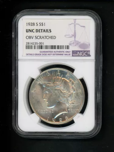 1928 S US Peace Silver Dollar $1.00 $1 NGC UNC DETAILS Obverse Scratched LIGHTLY