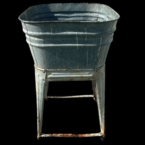 Vintage Basin Farm Wash Tub Wheeling Stand Galvanized Metal Stand Drain Planter - Picture 2 of 18