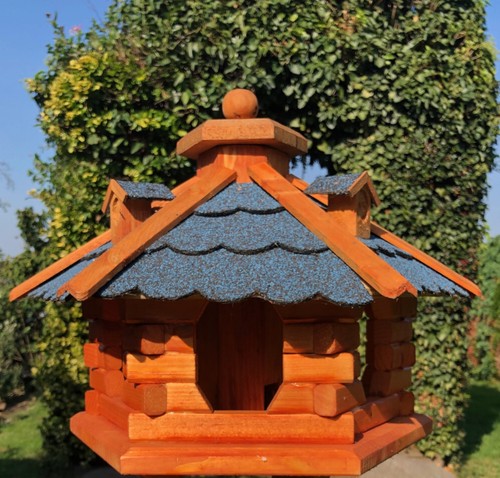 DARLUX Vogel Futter Haus L Sechseck Holz Vogelhaus Futterstelle Braun/ Blau - Bild 4 von 5