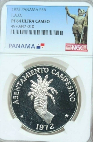 1972 PANAMA SILVER 5 BALBOAS S5B FAO NGC PF 64 ULTRA CAMEO SCARCE COIN